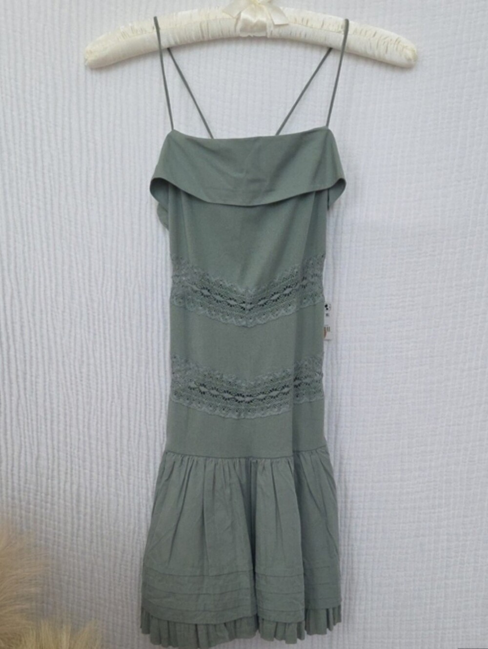 NWT Free People Olive Green Spaghetti Strap Ruffle Hem Mini Dress NWT